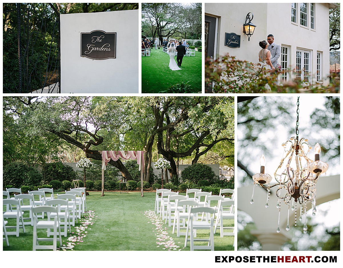 The Gardens at West Green San Antonio wedding venue outdoor ceremony site with bride and groom and chandelier.