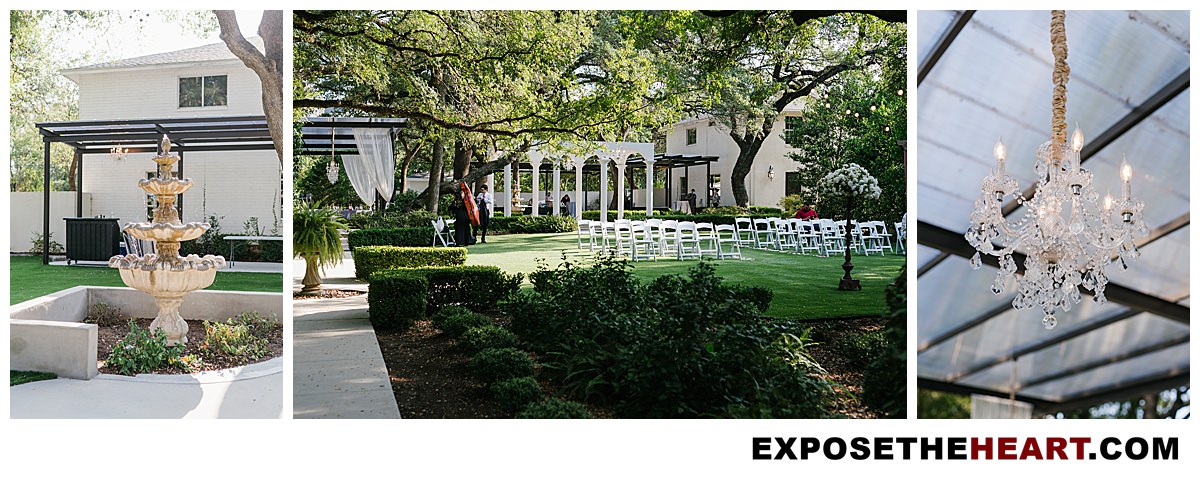 The Gardens at West green outdoor ceremony and reception wedding venue in San Antonio with fountain and chandelier