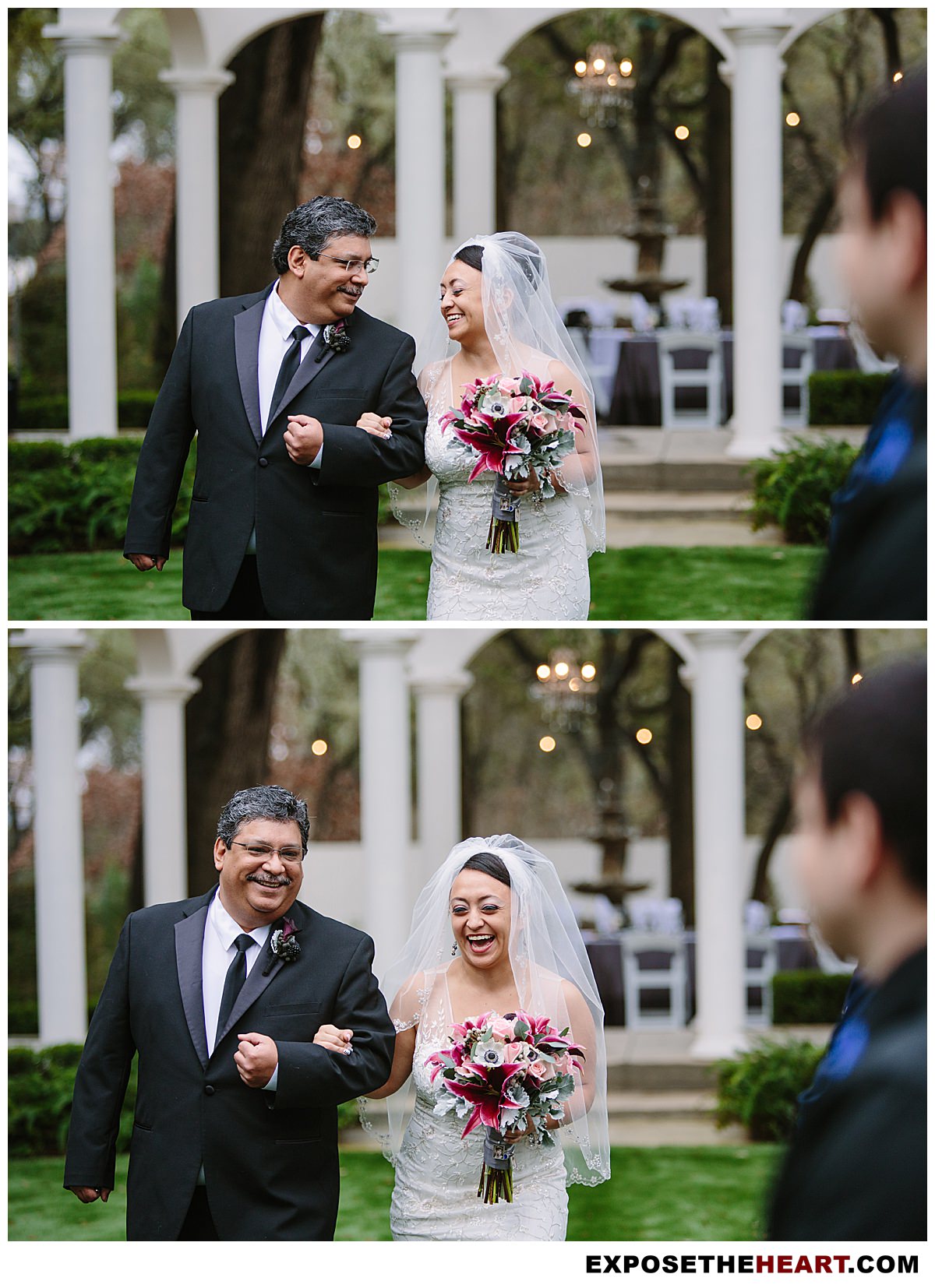 Father of the Bride walking daughter down the aisle at The Gardens at West Green outdoor wedding venue in San Antonio 