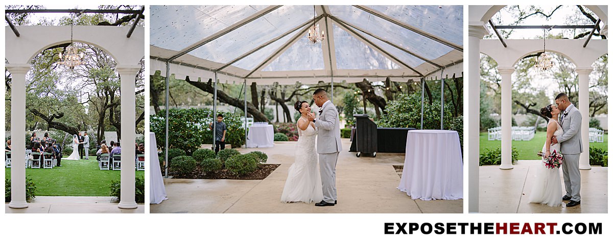 Bride and groom kissing and dancing at The Gardens at West Green outdoor wedding venue in San Antonio