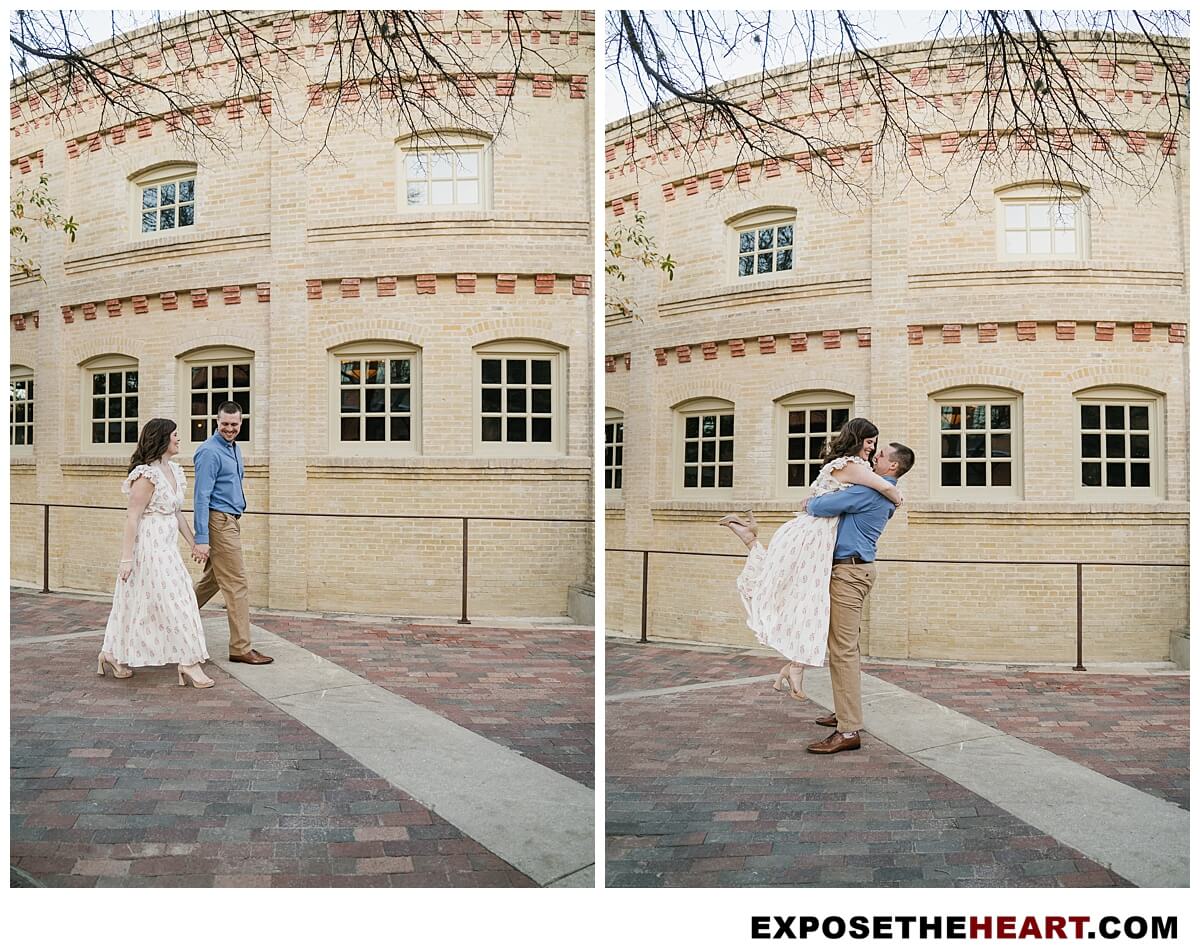 Engagement pictures San Antonio couple in front of the Stable Hall at the Pearl Brewery.
