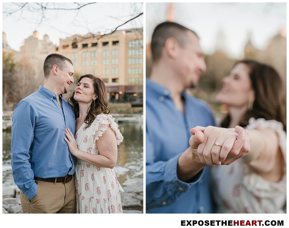 Engaged couple at the Pearl Brewery woman showing off her ring.