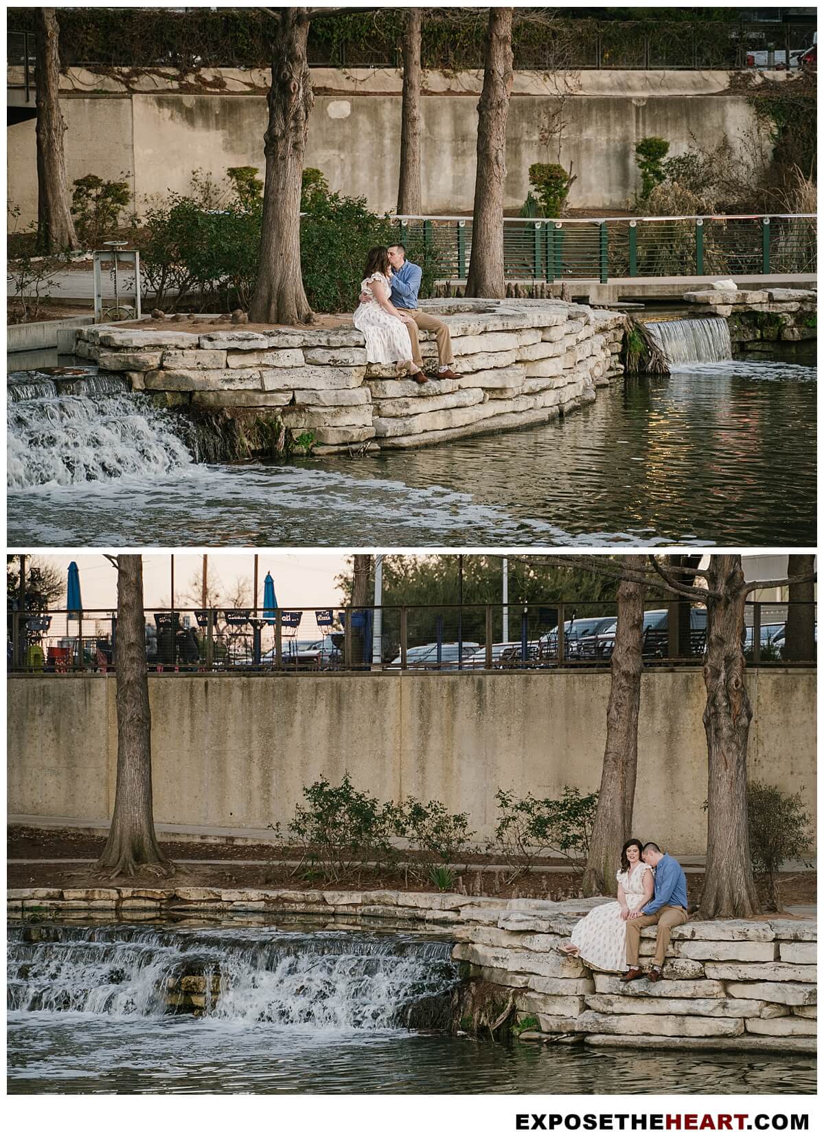 Sunset engagement photos in San Antonio captured on the Riverwalk at The Pearl with romantic golden light