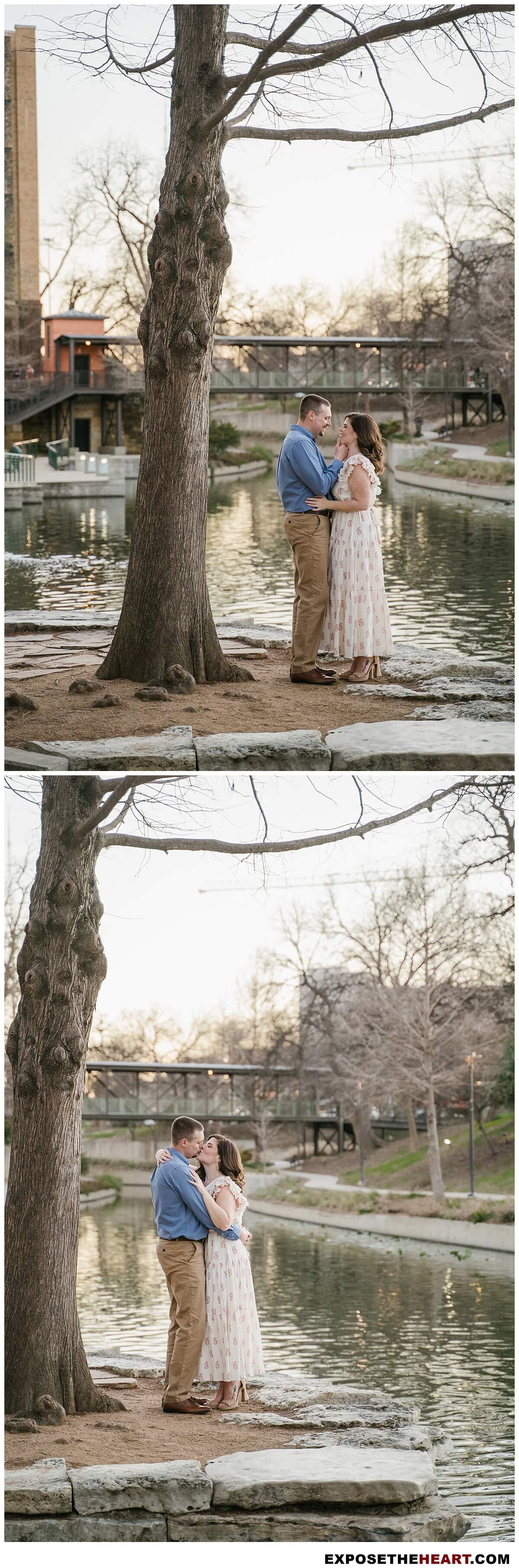 Engagement pictures San Antonio couples love with romantic riverwalk view at The Pearl