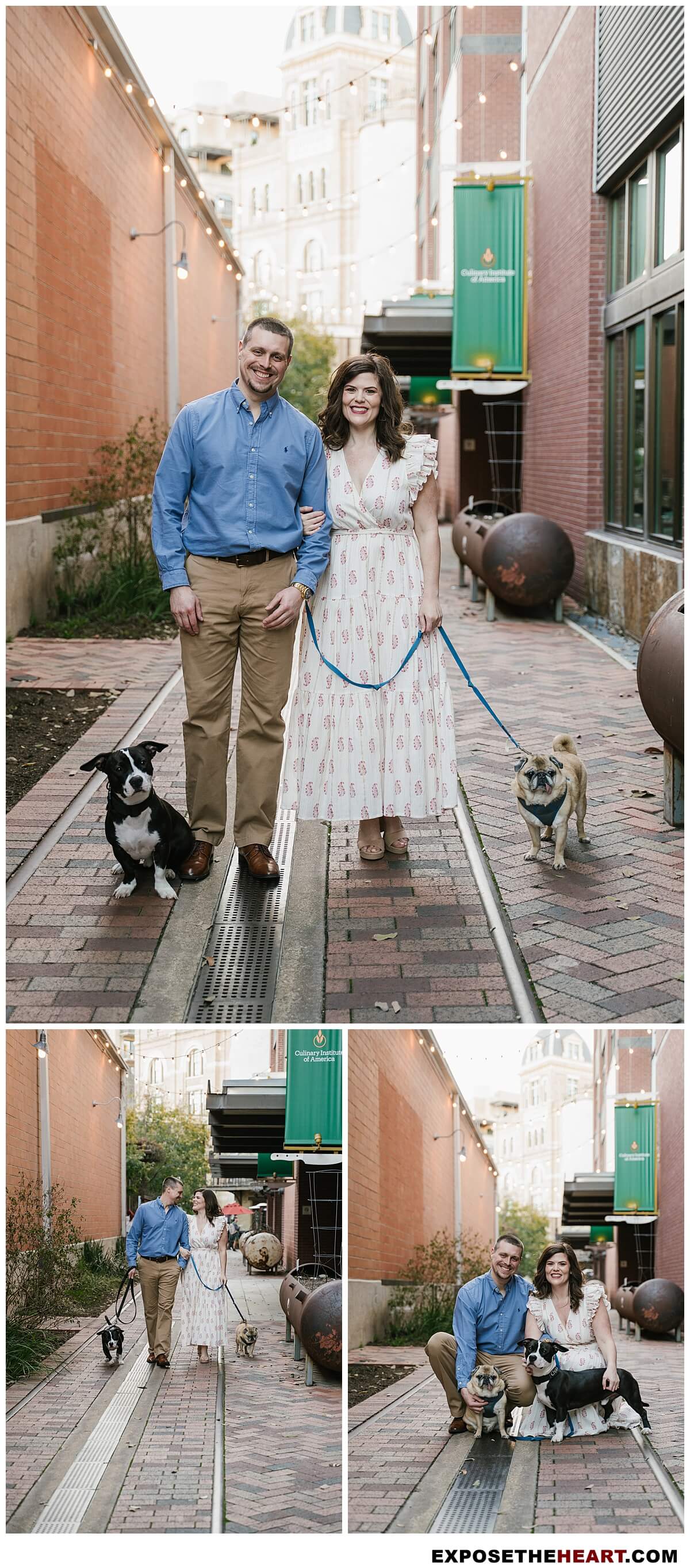 Candid engagement photos in San Antonio at The Pearl with couple walking dogs at sunset
