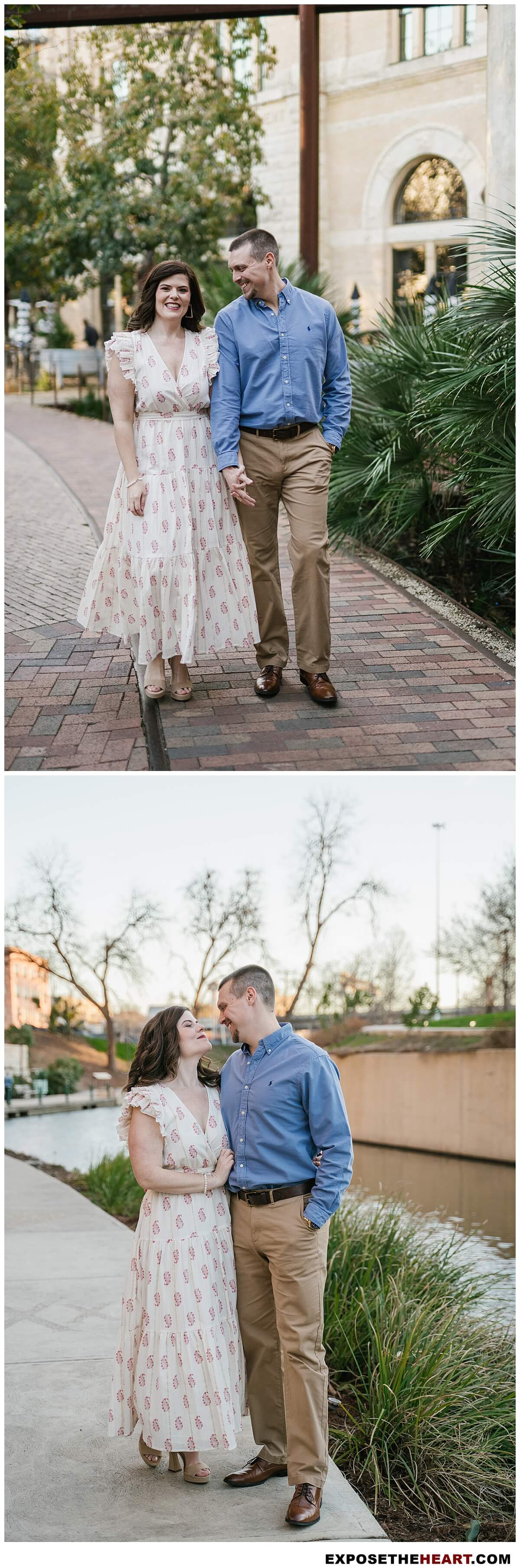 San Antonio engagement photographer captures urban textures and romantic moments at The Pearl of couple walking
