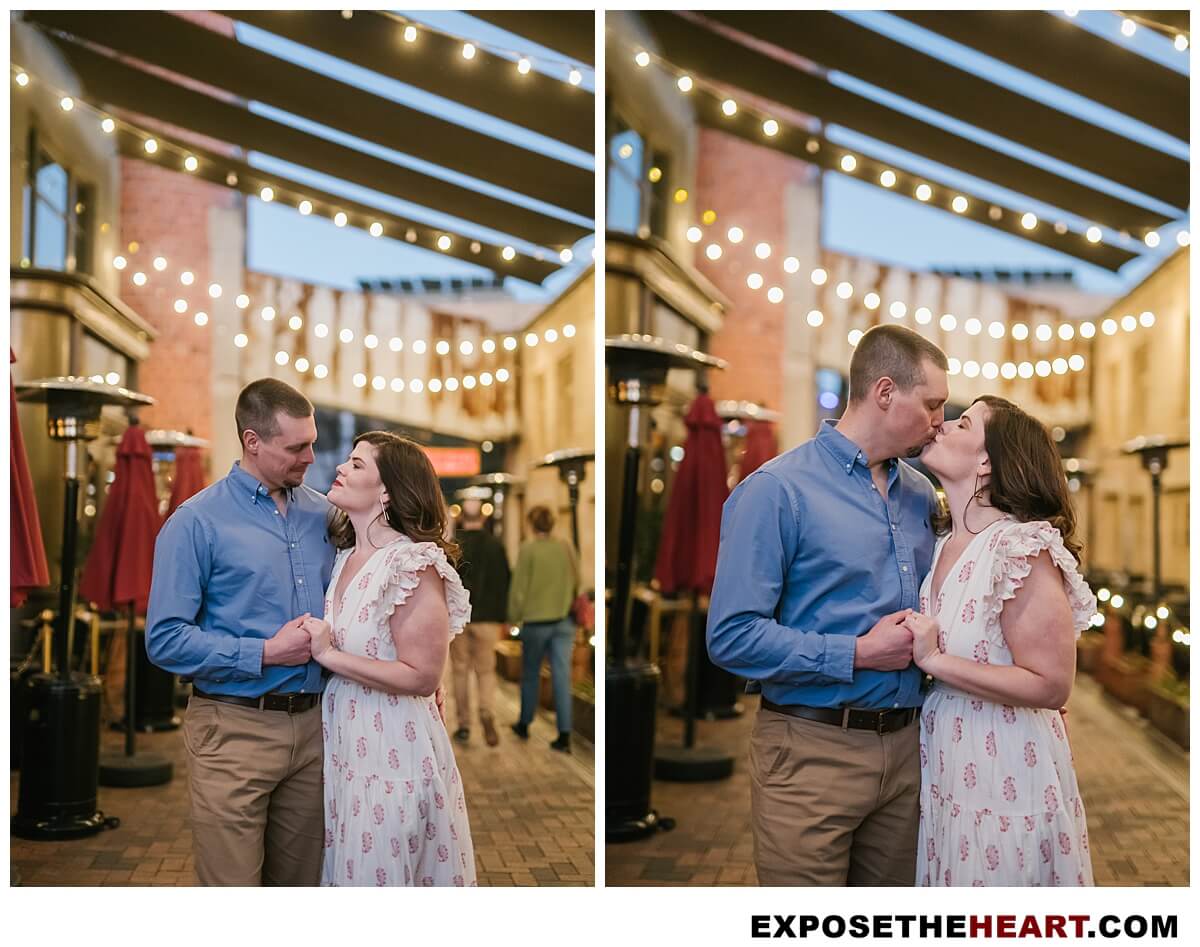 Night time engagement photos in San Antonio captured at The Pearl with romantic string lights.