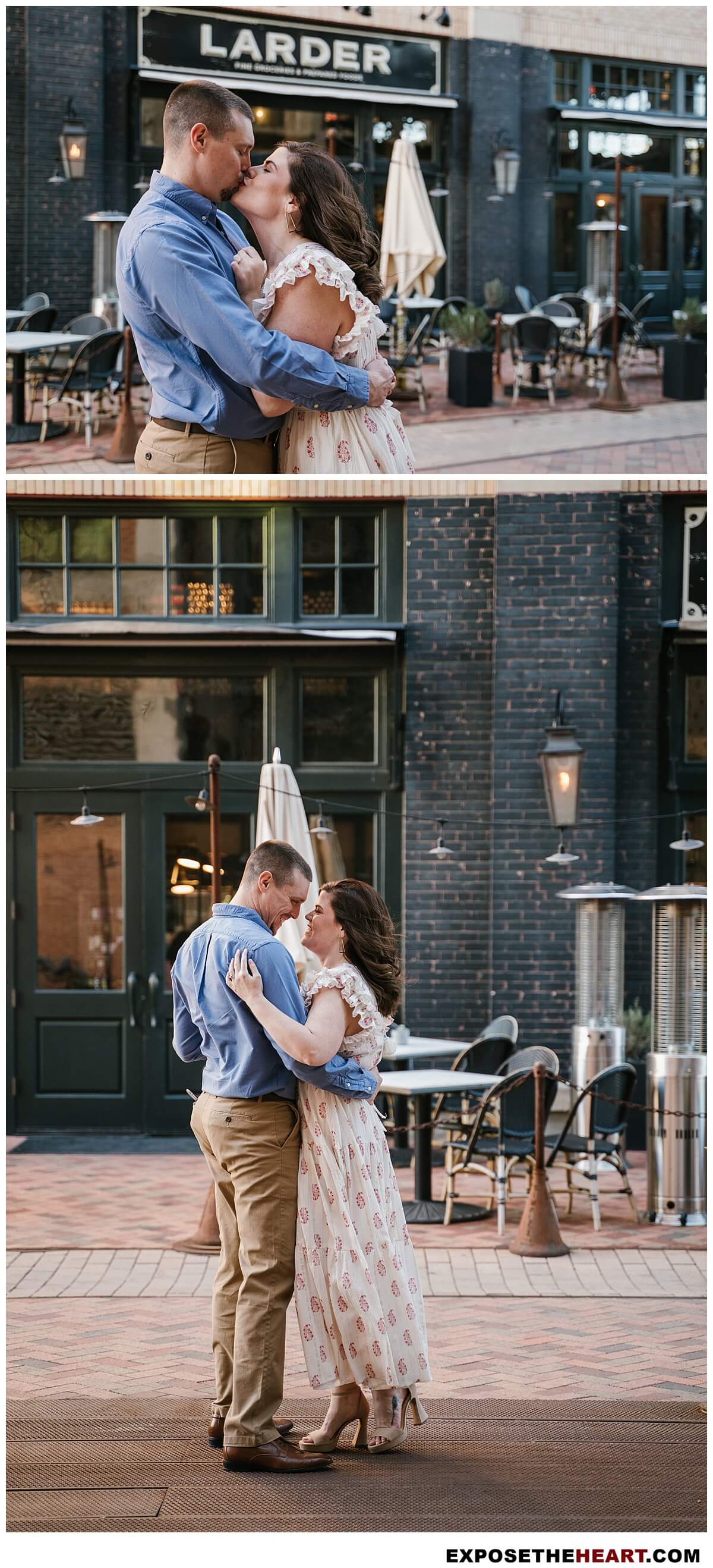 Engagement pictures San Antonio couple in front Larder hugging and kissing at the Pearl Brewery.