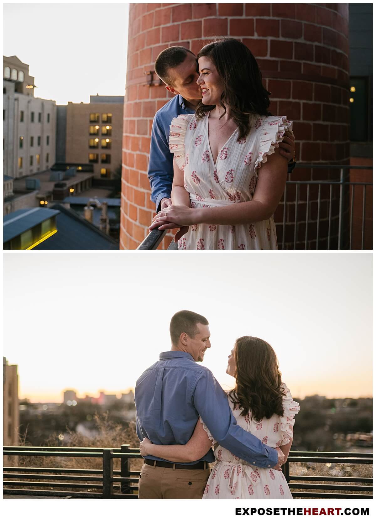 Sunset engagement photos in San Antonio captured at The Pearl with romantic golden light